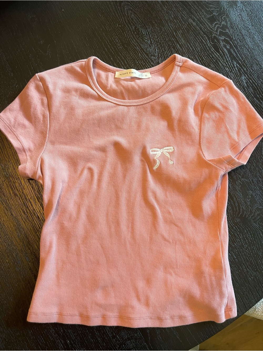 Altar'd State Blush Pink Ribbed Short-Sleeve Tee with Embroidered Bow
